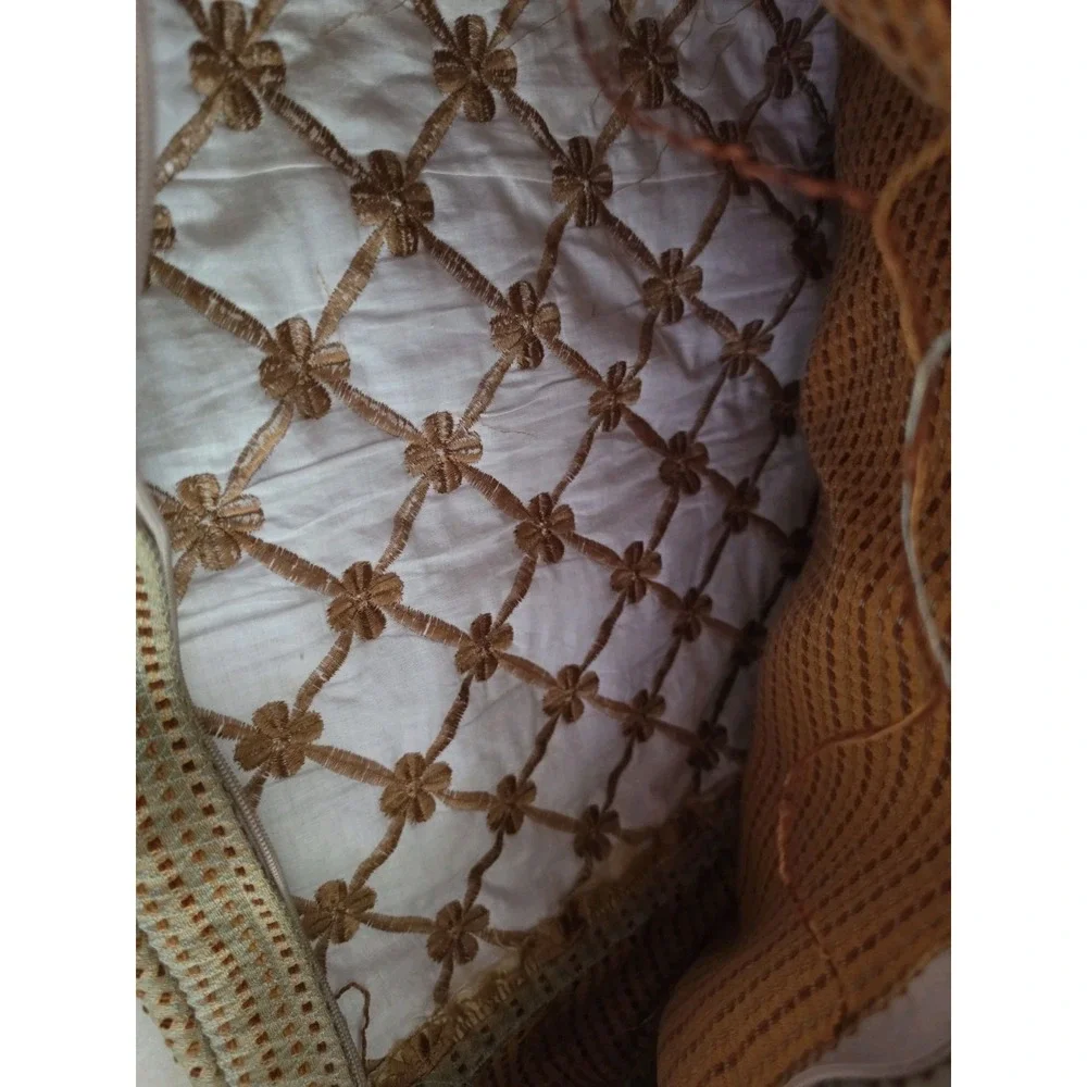 Set 2 Boho Gold Lattice Throw Pillow Textured Cushion Pom-Pom Accents Rustic